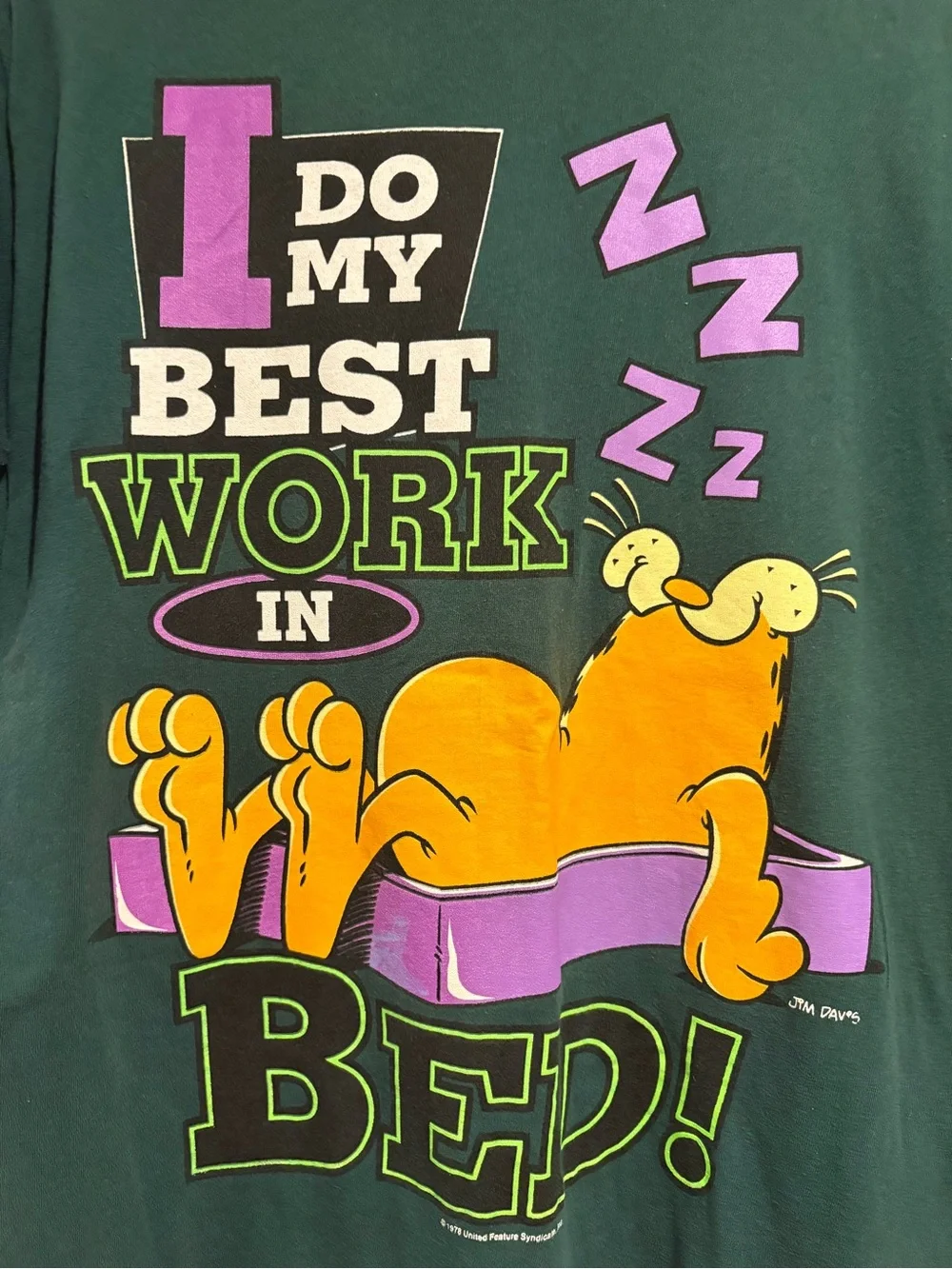 Vintage Garfield The Cat Cartoon T-Shirt Green Jim Davis Sun USA Single Stitch M
